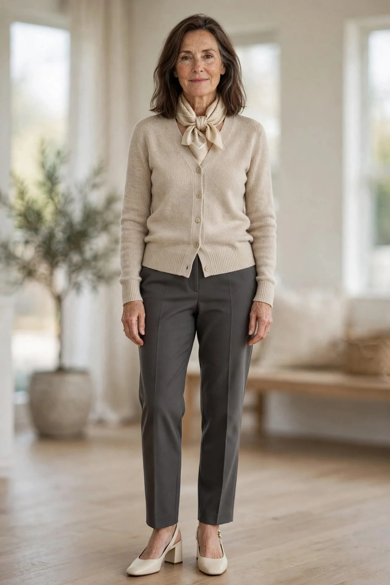 Woman over 50 in oatmeal cardigan with charcoal trousers and heels