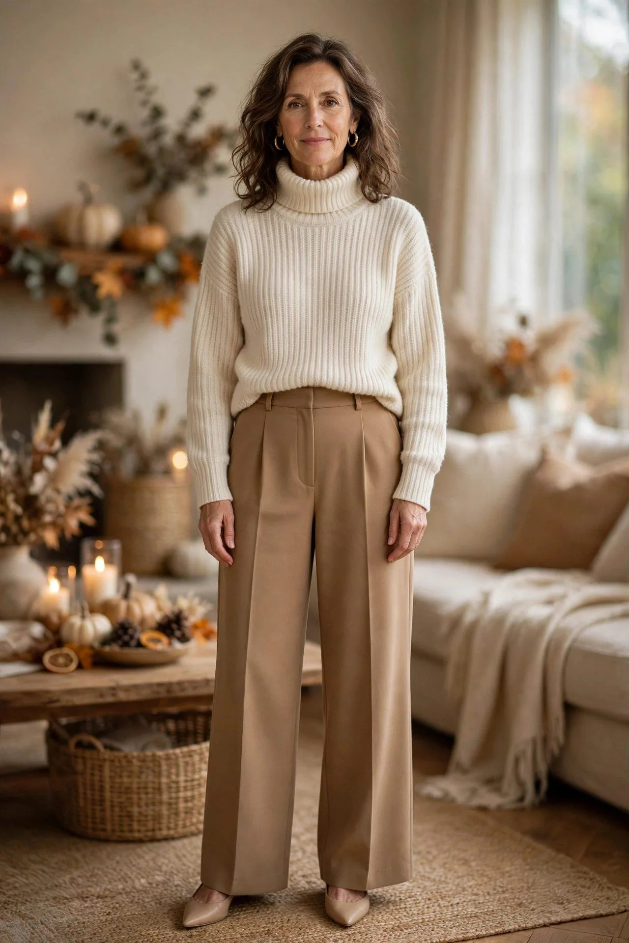Woman over 50 in cream sweater and camel wide-leg pants.