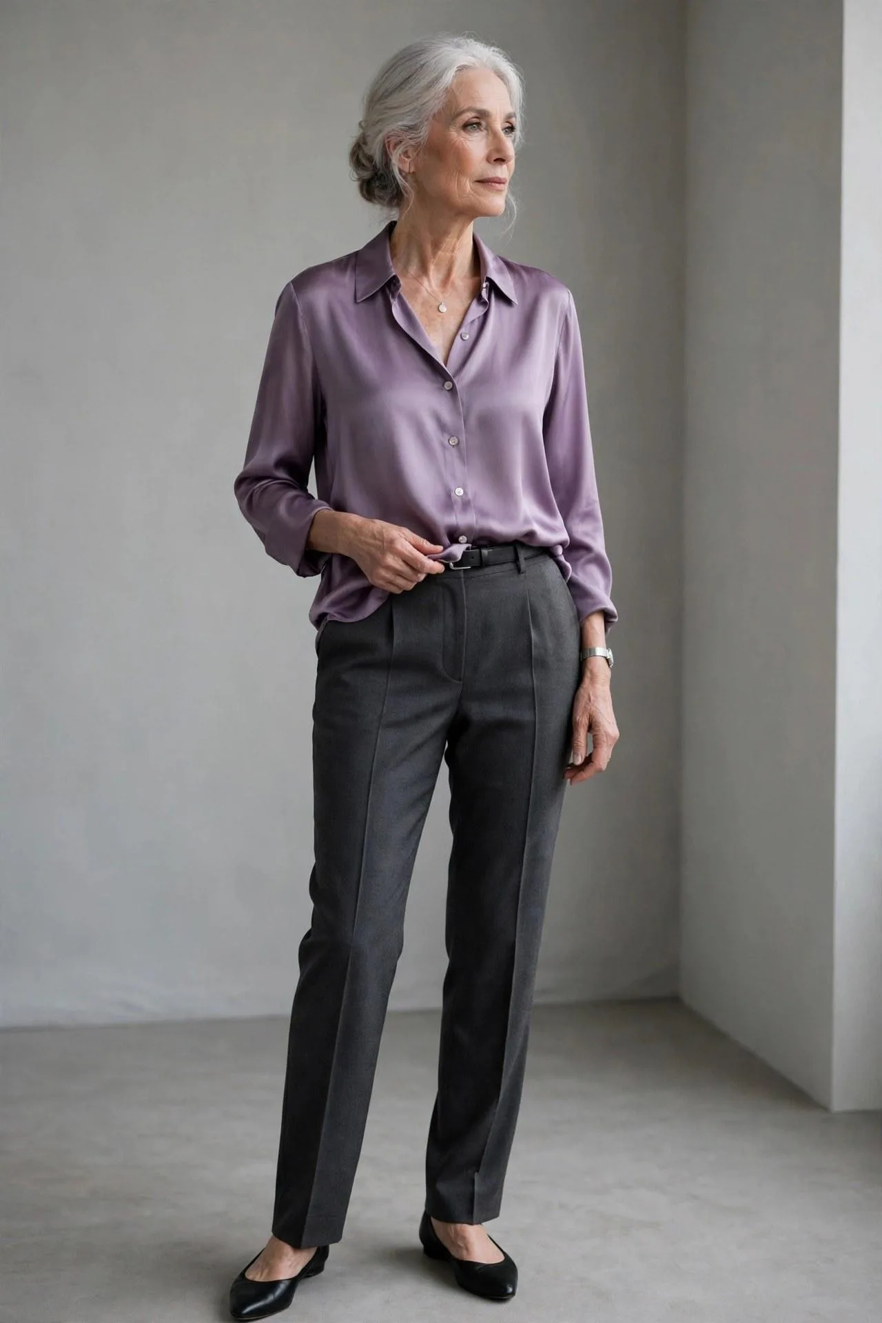 Distinguished older woman in a lavender silk shirt paired with grey tailored pants — understated chic outfits for fashion over 50 professionals.