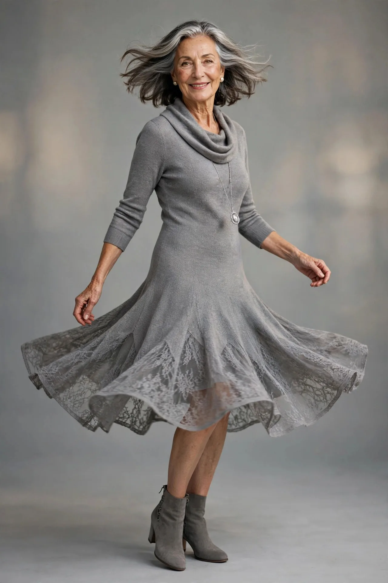 Soft Grey Sweater Dress — A dove-grey merino sweater dress with a soft cowl neckline, three-quarter sleeves, and a gently A-line knee-length skirt.