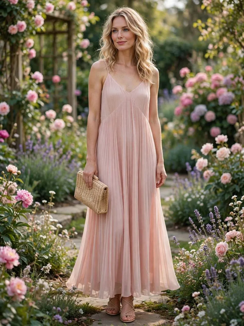 Flowing blush pink maxi dress with nude sandals in a garden.
