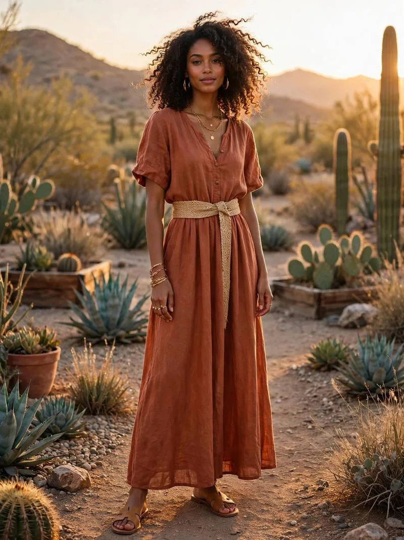 Terracotta linen maxi dress with gold jewelry in warm light.