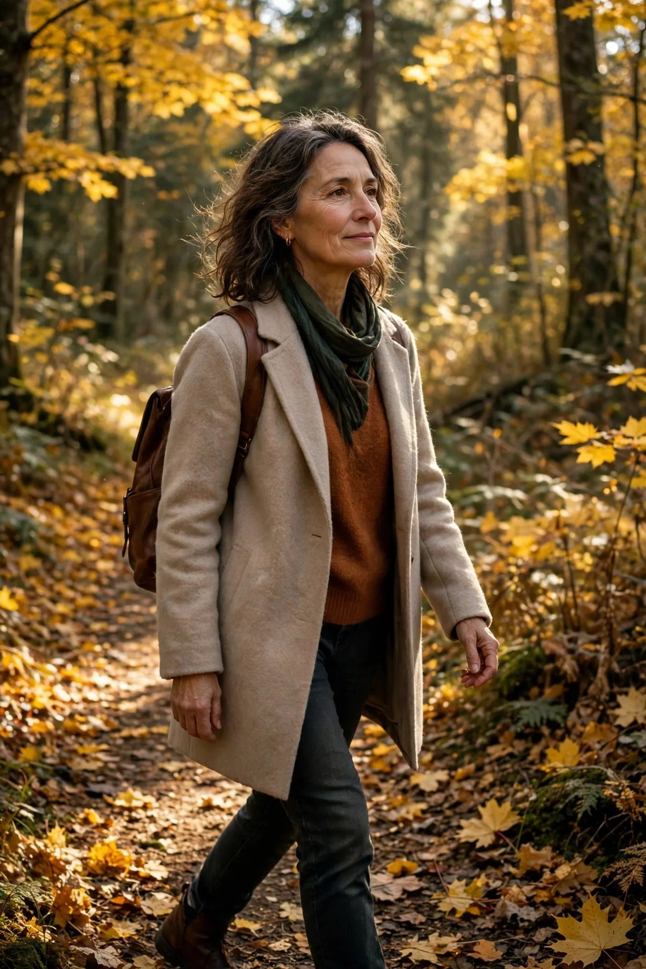 Confident older woman walking alone on a peaceful forest path