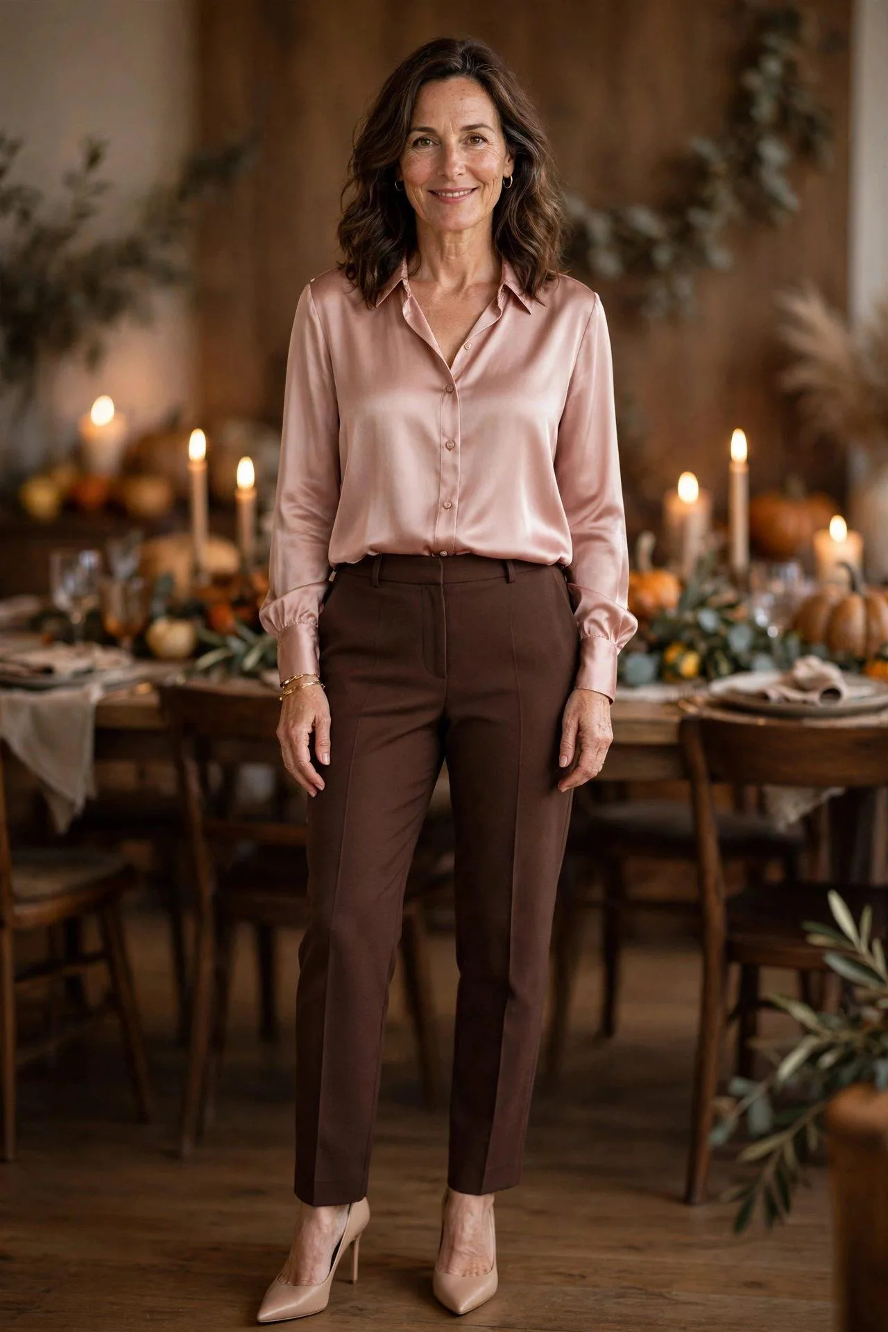 Woman over 50 in blush satin blouse and chocolate trousers.