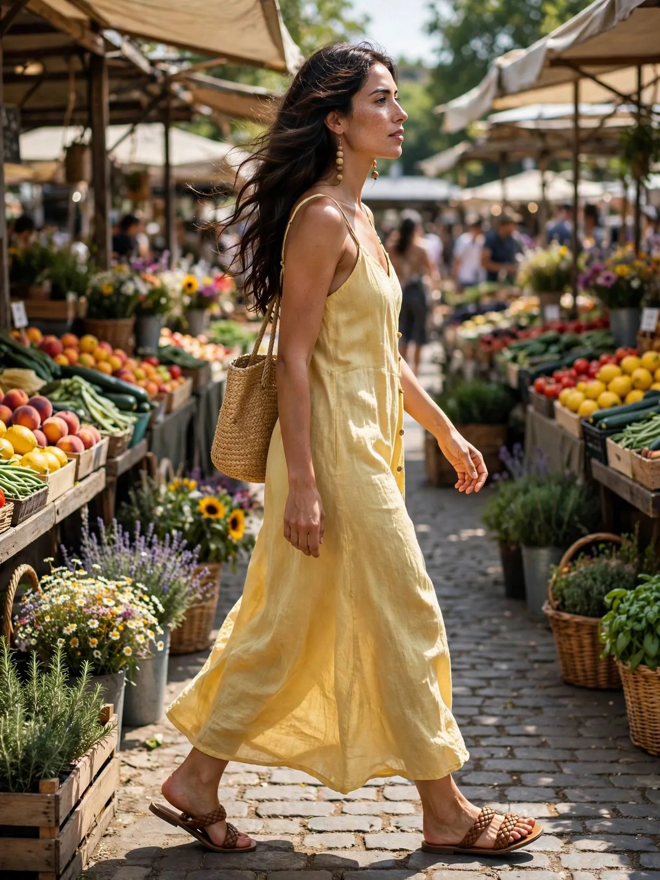 Woman in a butter yellow linen sundress carrying a straw bag.