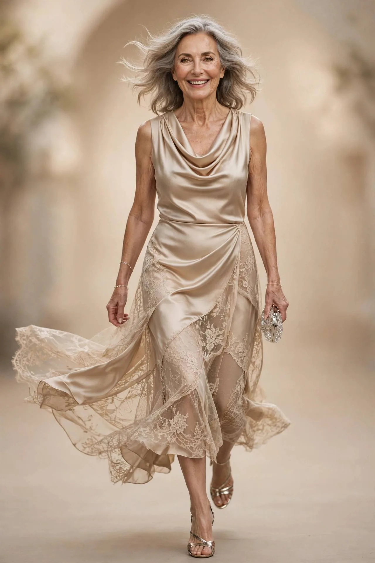 Elegant mature woman in champagne satin cowl-neck midi dress at wedding