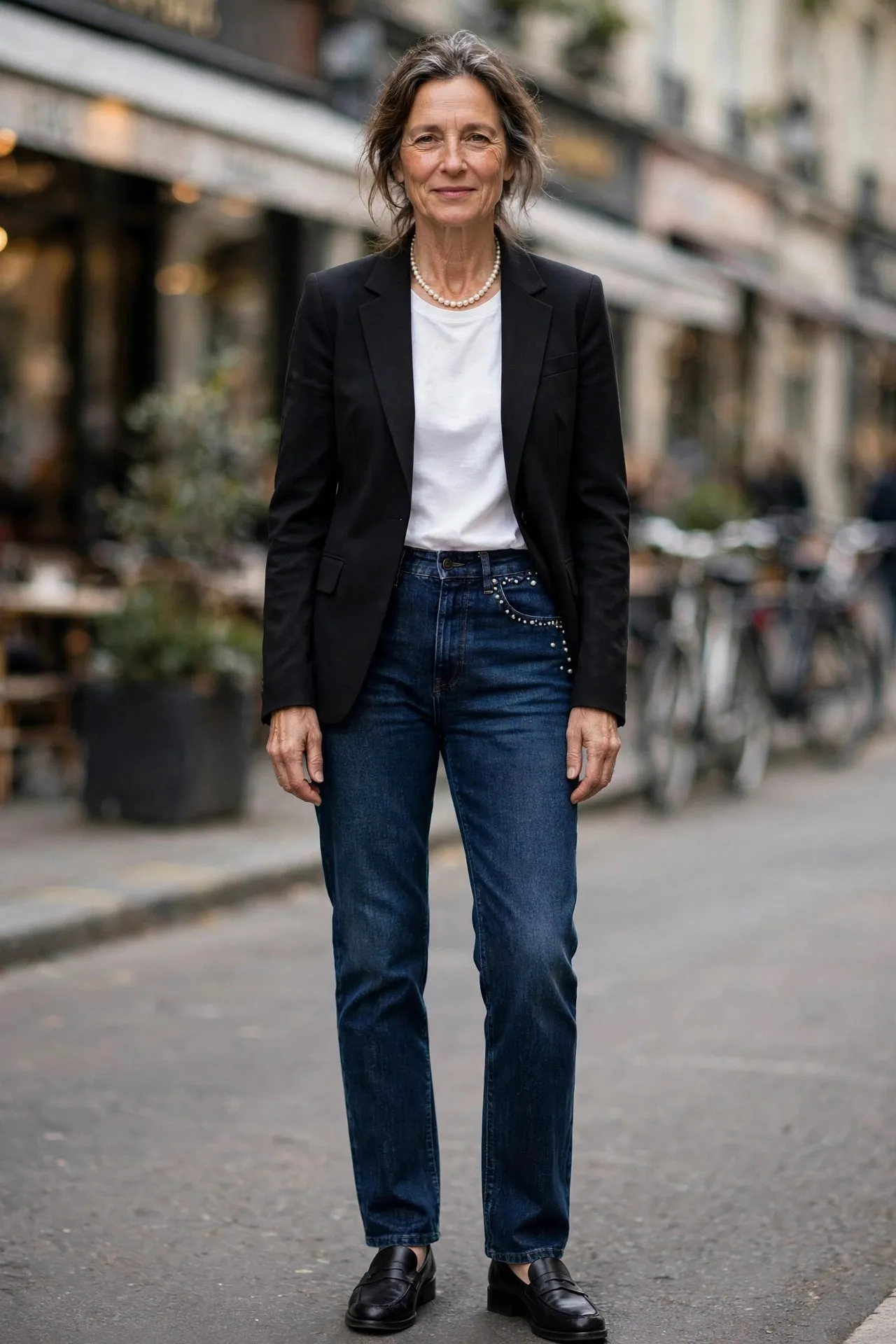 Woman over 50 in dark jeans with pearls and navy blazer at dinner