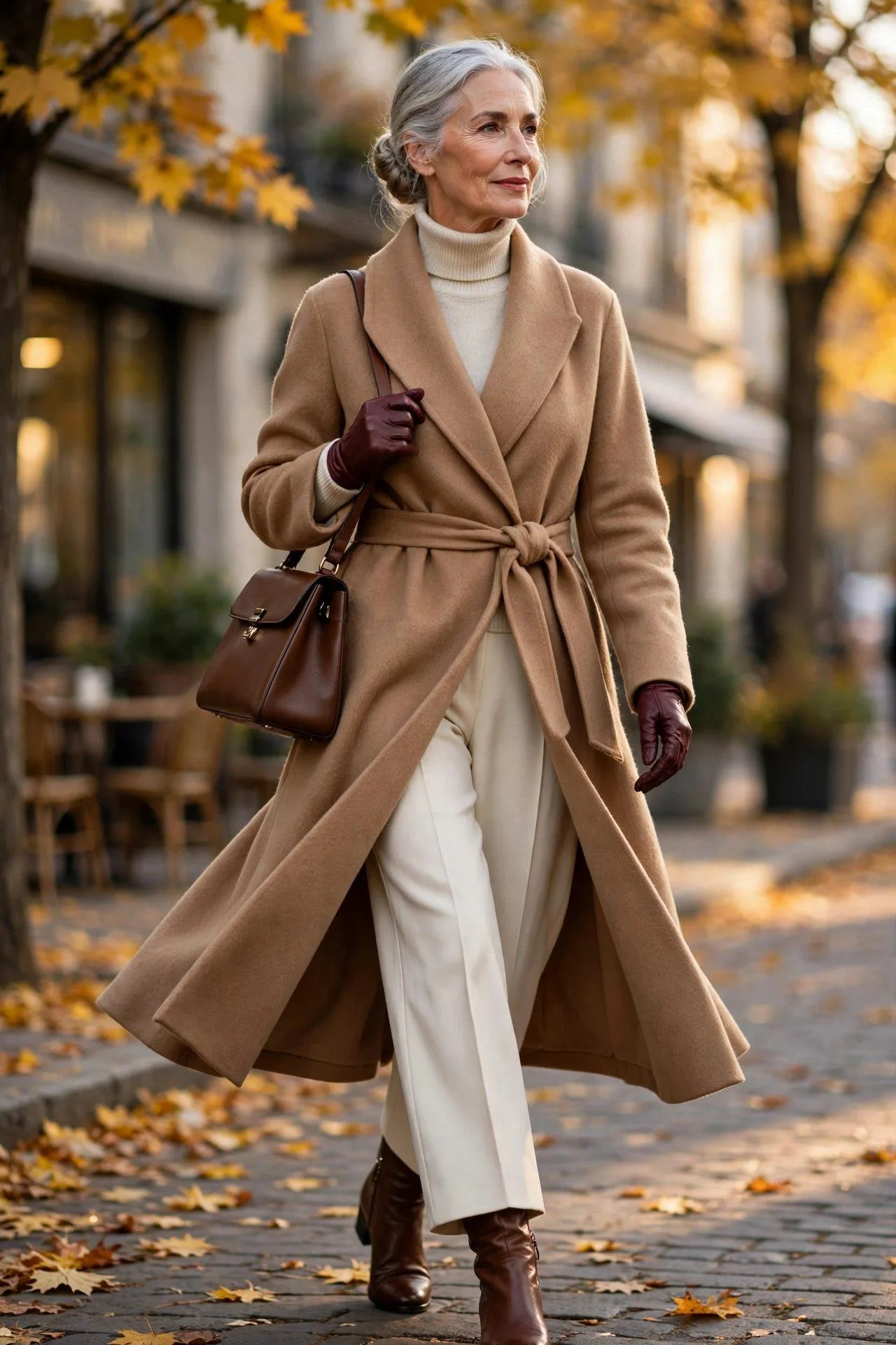 Elegant woman in her early 60s wearing a belted camel wrap coat over a cream fine-knit turtleneck with ivory wide-leg trousers, knee-high boots and burgundy gloves.