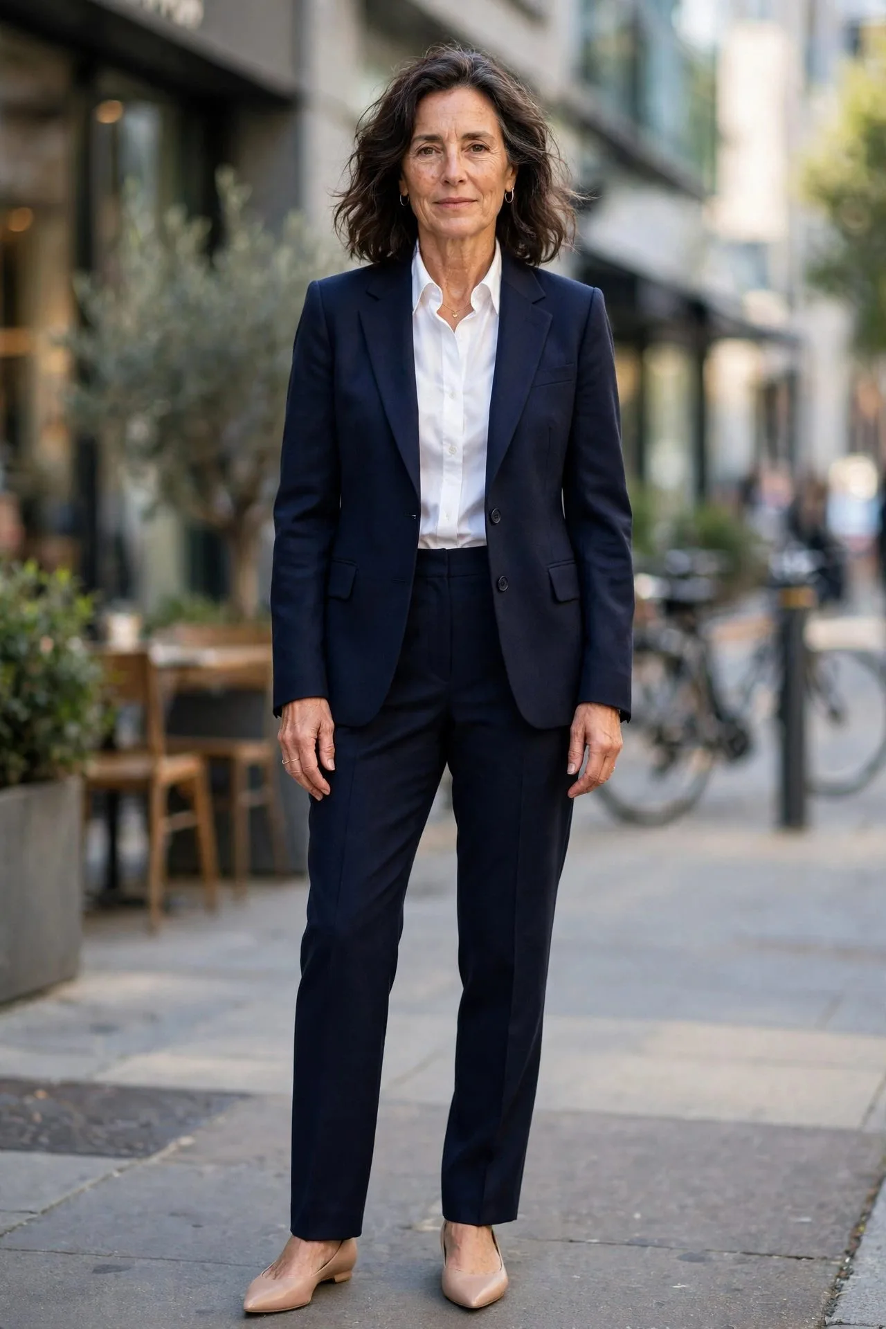 Woman over 50 in navy suit with cream silk top at a business lunch