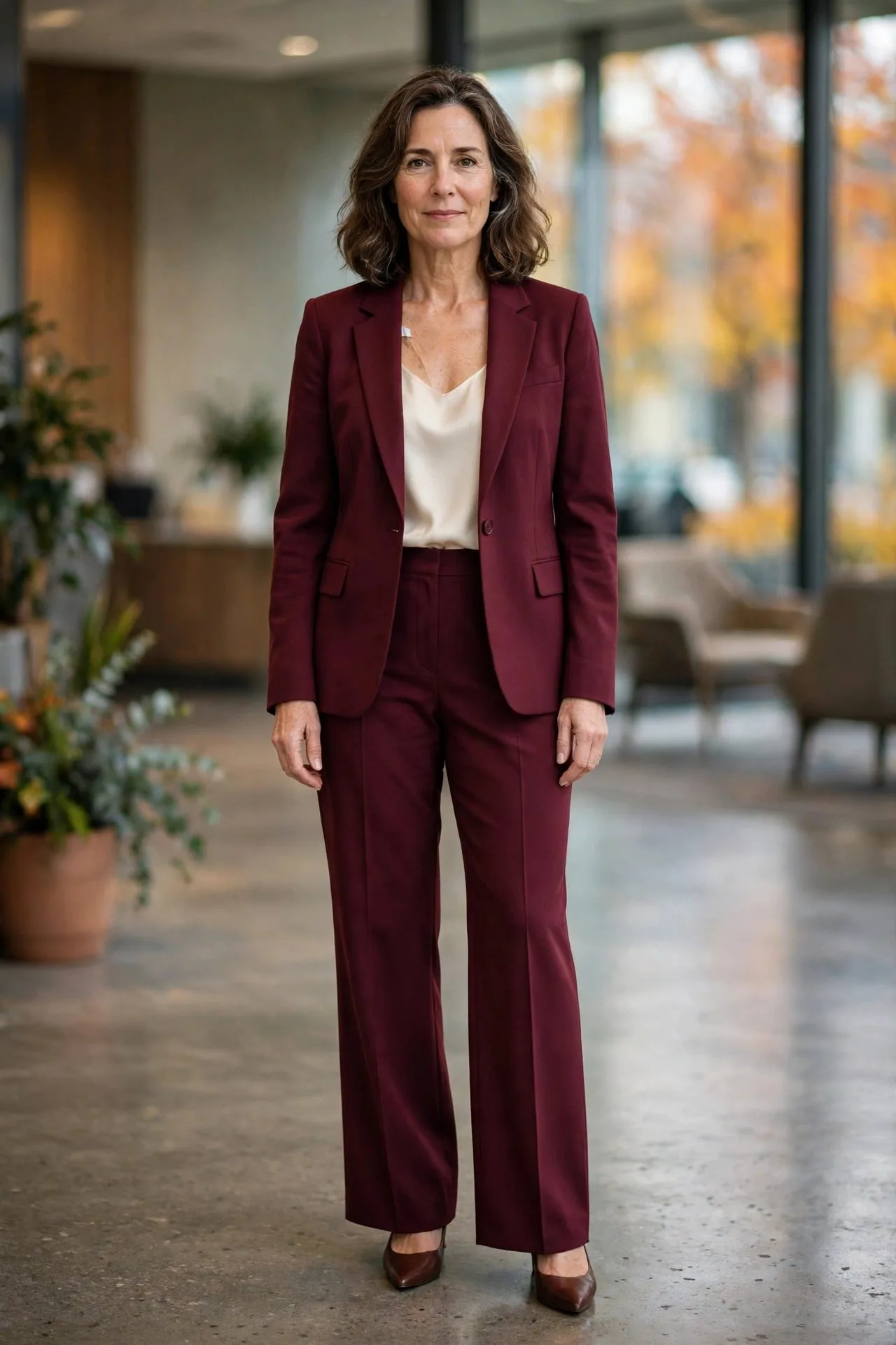 Woman over 50 in burgundy suit with cream shell and pumps.