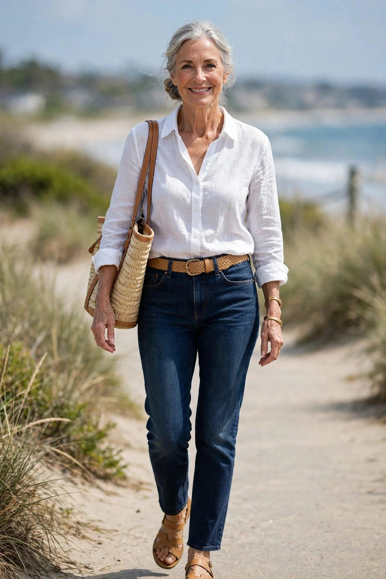 Relaxed senior woman in simple dark jeans with white linen beach shirt