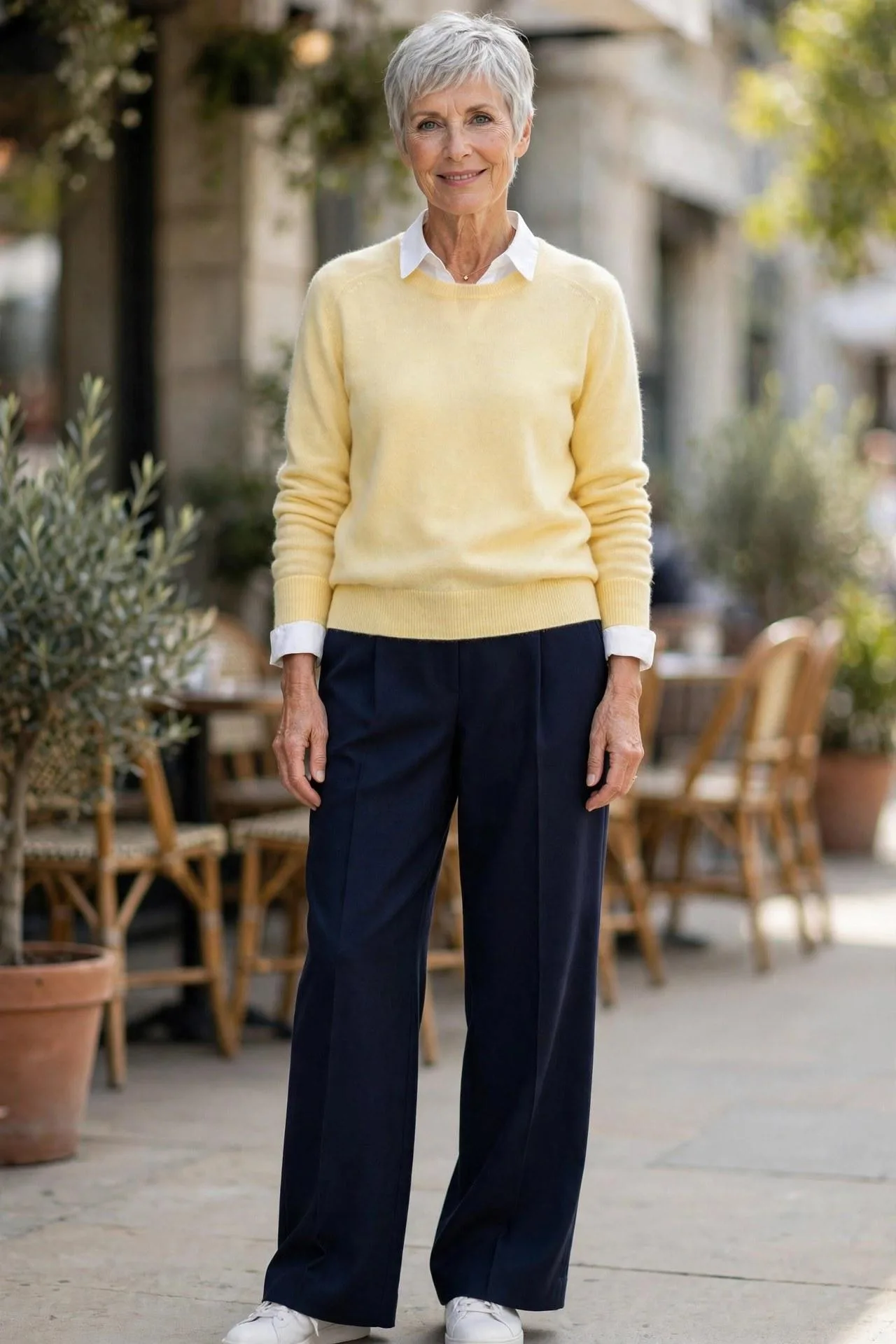 Bright-eyed senior woman in a pale yellow sweater with white collar peeking out and navy pants — cheerful casual outfits built on wardrobe essentials.