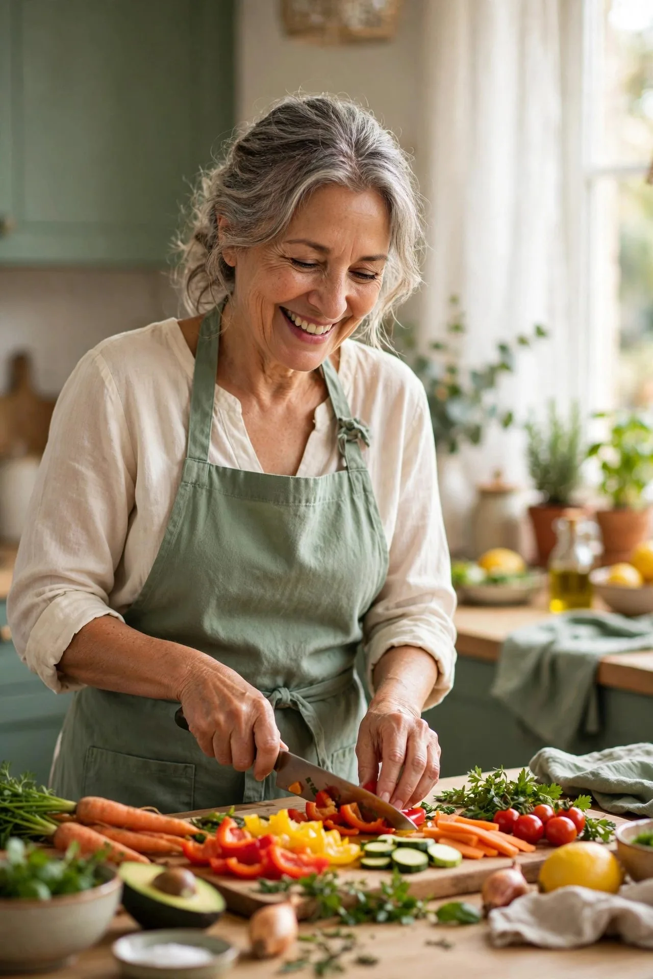 Older woman enjoying simple healthy meal mindfully at table