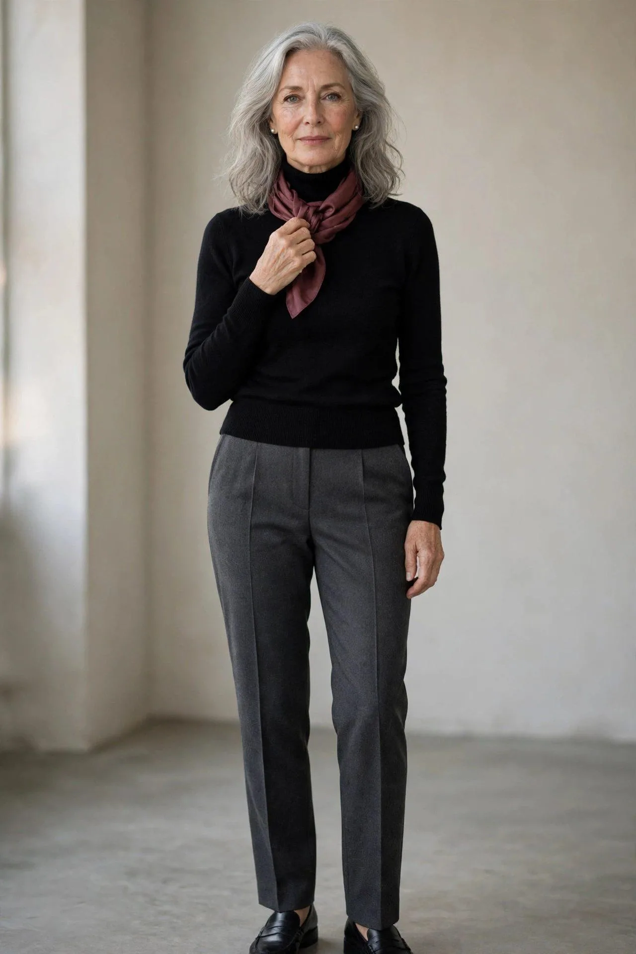 Chic woman past fifty in a black lightweight wool polo neck with ash trousers and a wine-toned silk neckerchief.