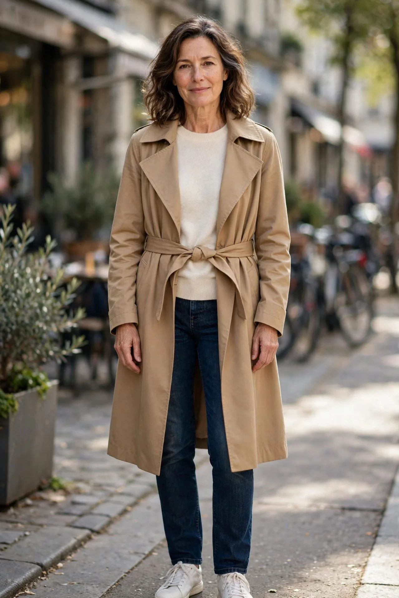 Woman over 50 in cream cashmere, jeans, and camel trench
