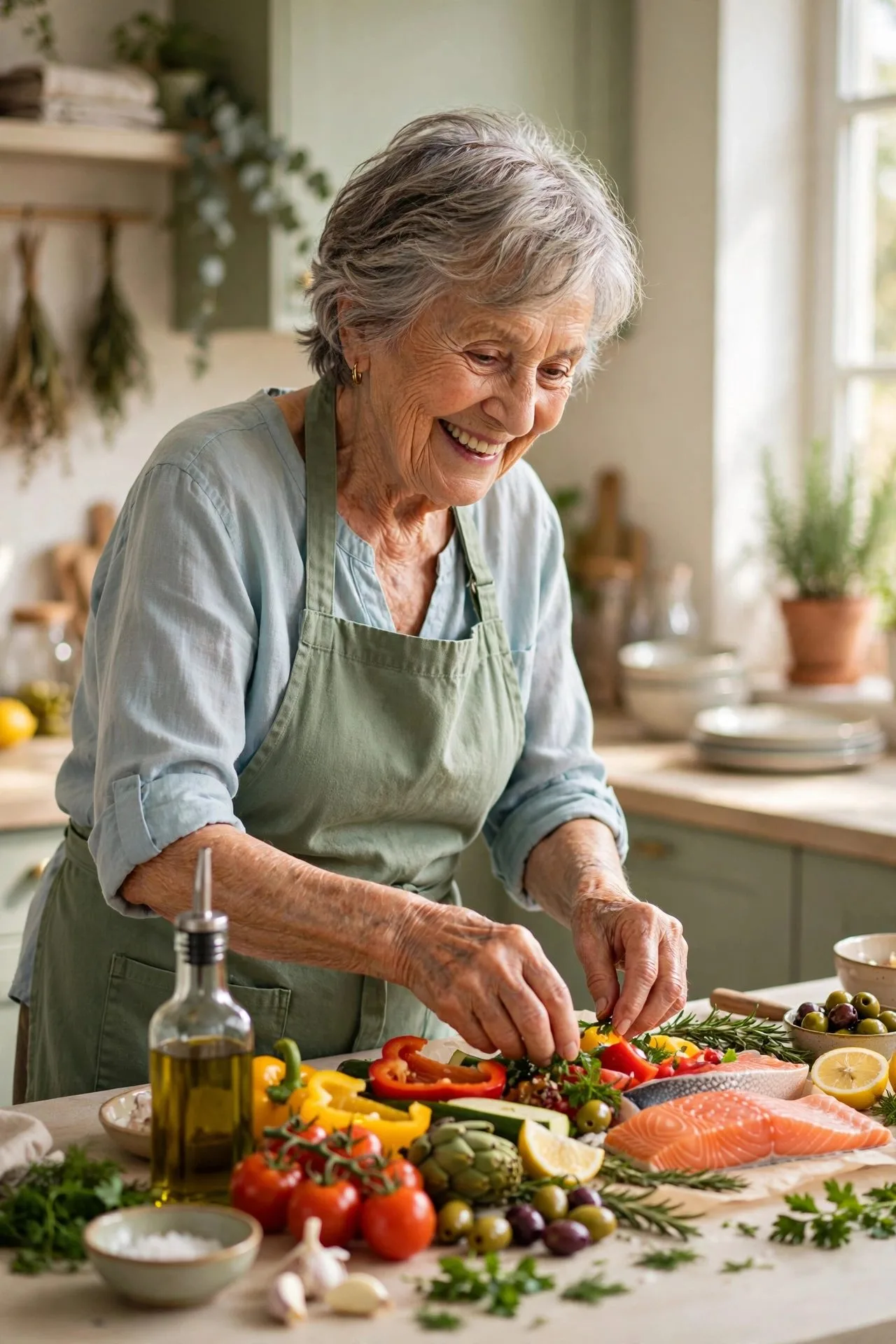 Senior woman preparing a colorful Mediterranean meal in her kitchen.
