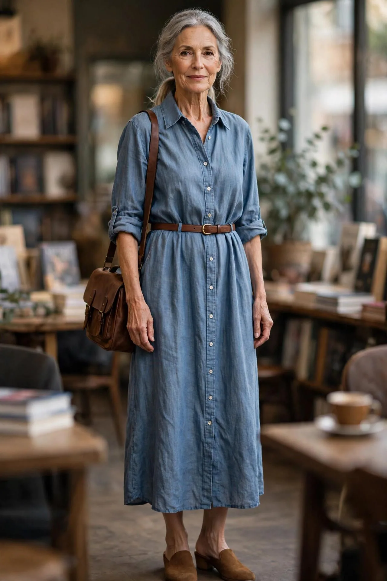 Approachable senior lady in denim-blue linen shirtdress with rolled cuffs