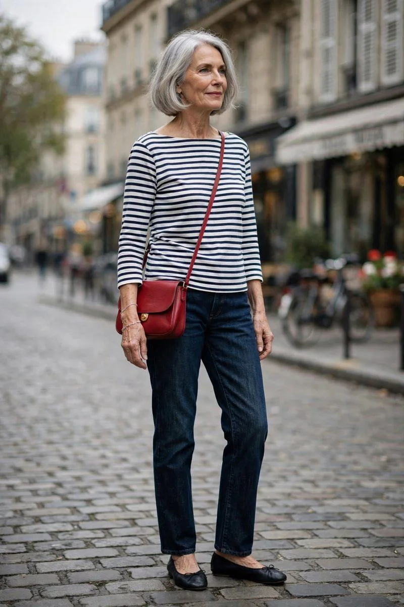 Older woman with an elegant silver bob in a navy-white Breton stripe top, dark rinse jeans and red leather crossbody