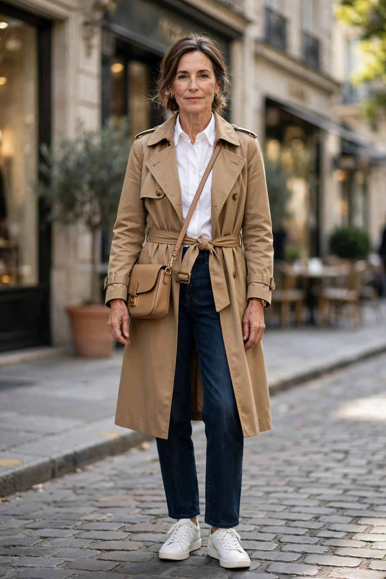 Woman over 50 in white shirt, camel trench, and dark jeans