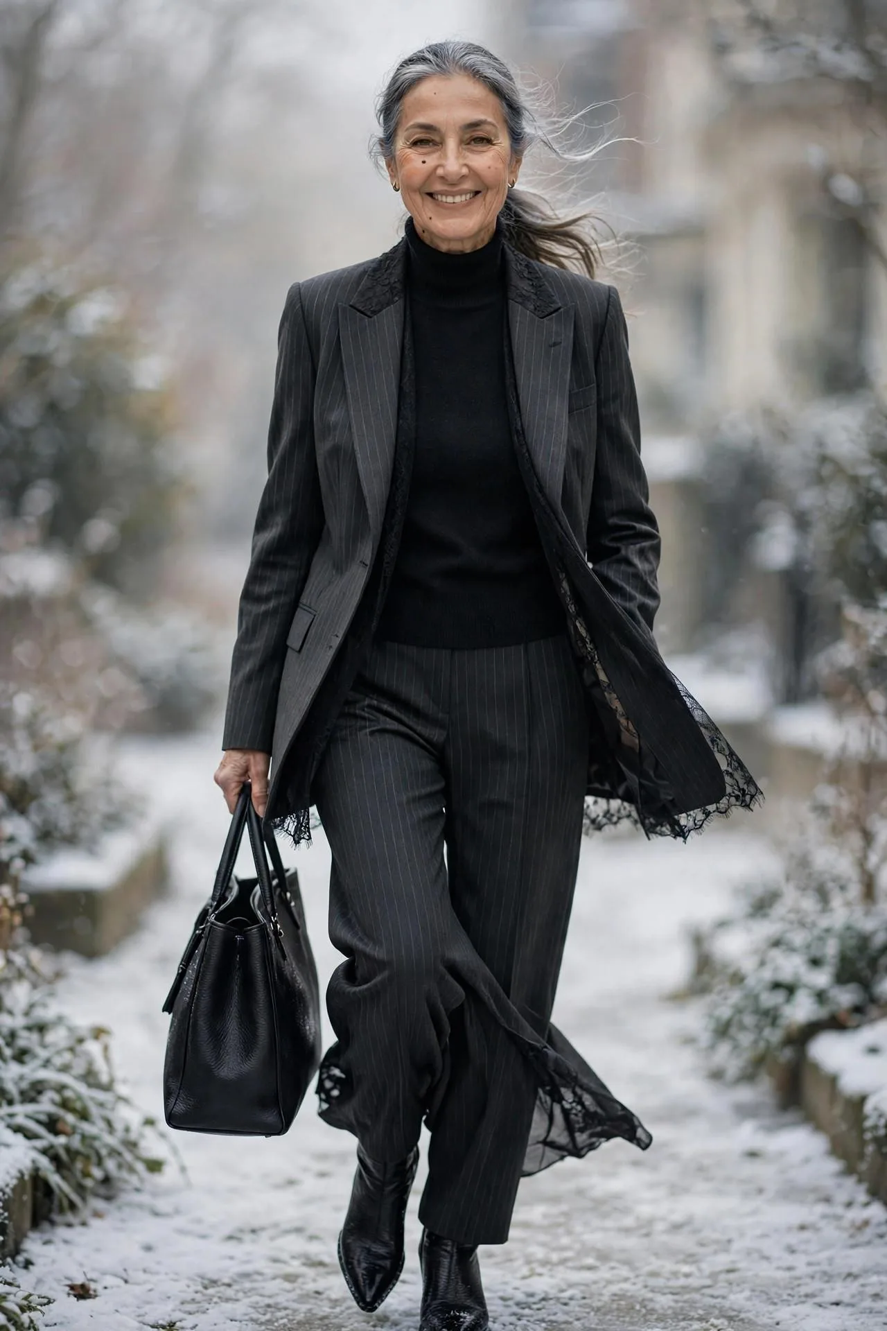 Powerful mature woman in charcoal pinstripe suit with black turtleneck and pointed ankle boots.