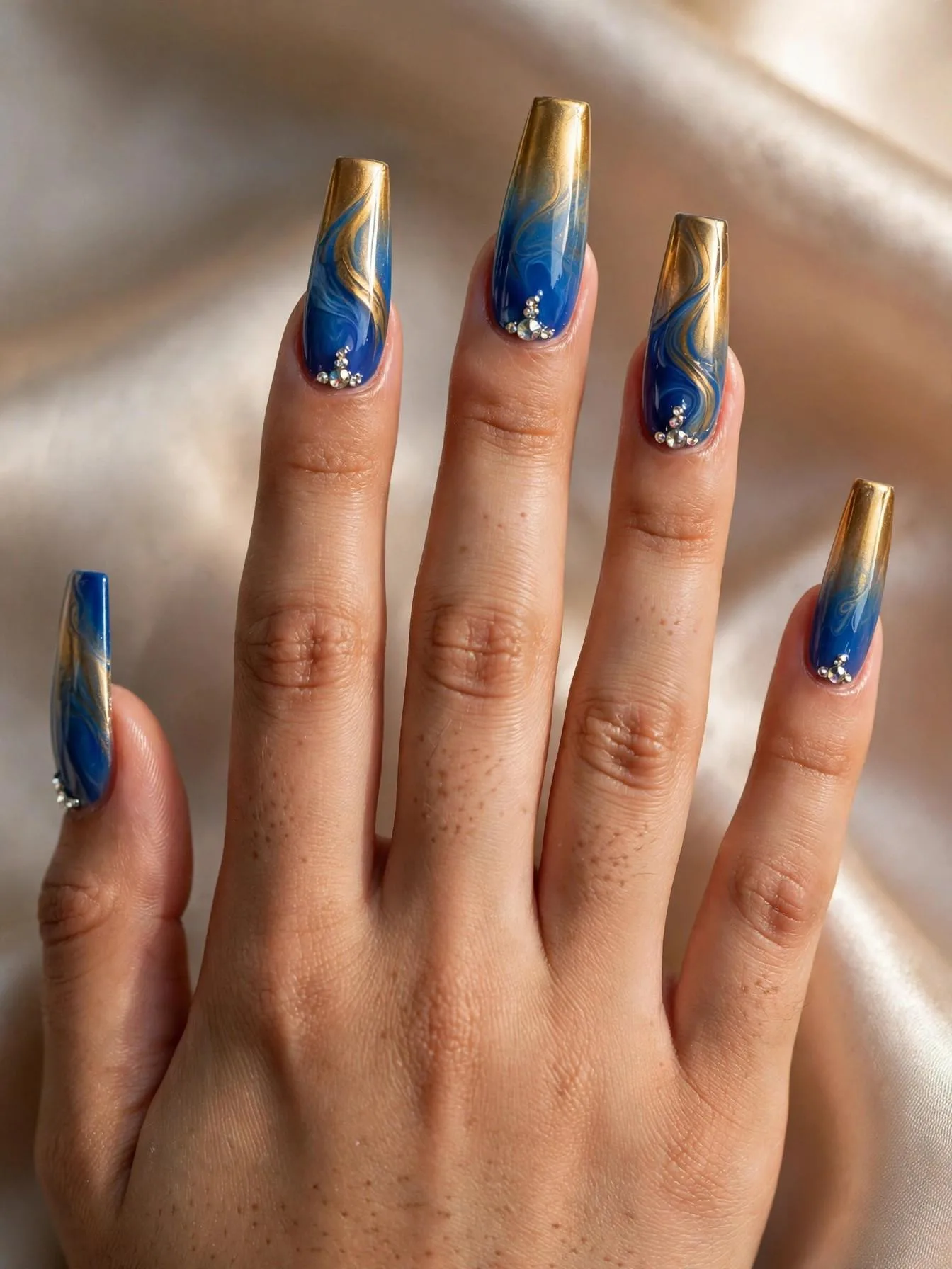Long coffin nails with cobalt blue melting into gold in marbled ombré, bling crystals.
