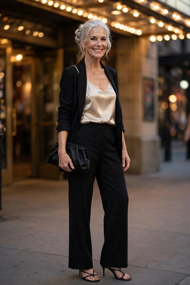 Timeless woman in her mid-60s with platinum hair in a twist, champagne silk camisole, black wide-leg trousers and blazer