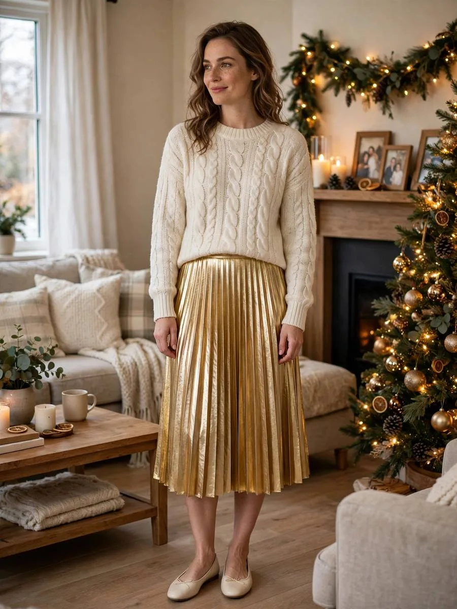 Metallic Pleated Skirt + Cream Sweater