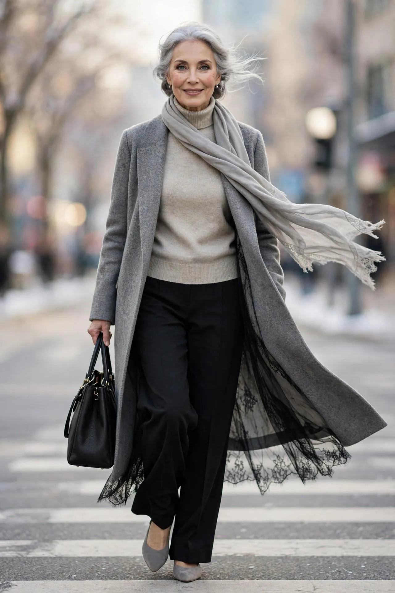 Minimalist mature woman in oatmeal turtleneck, black wide-leg trousers and long grey coat.