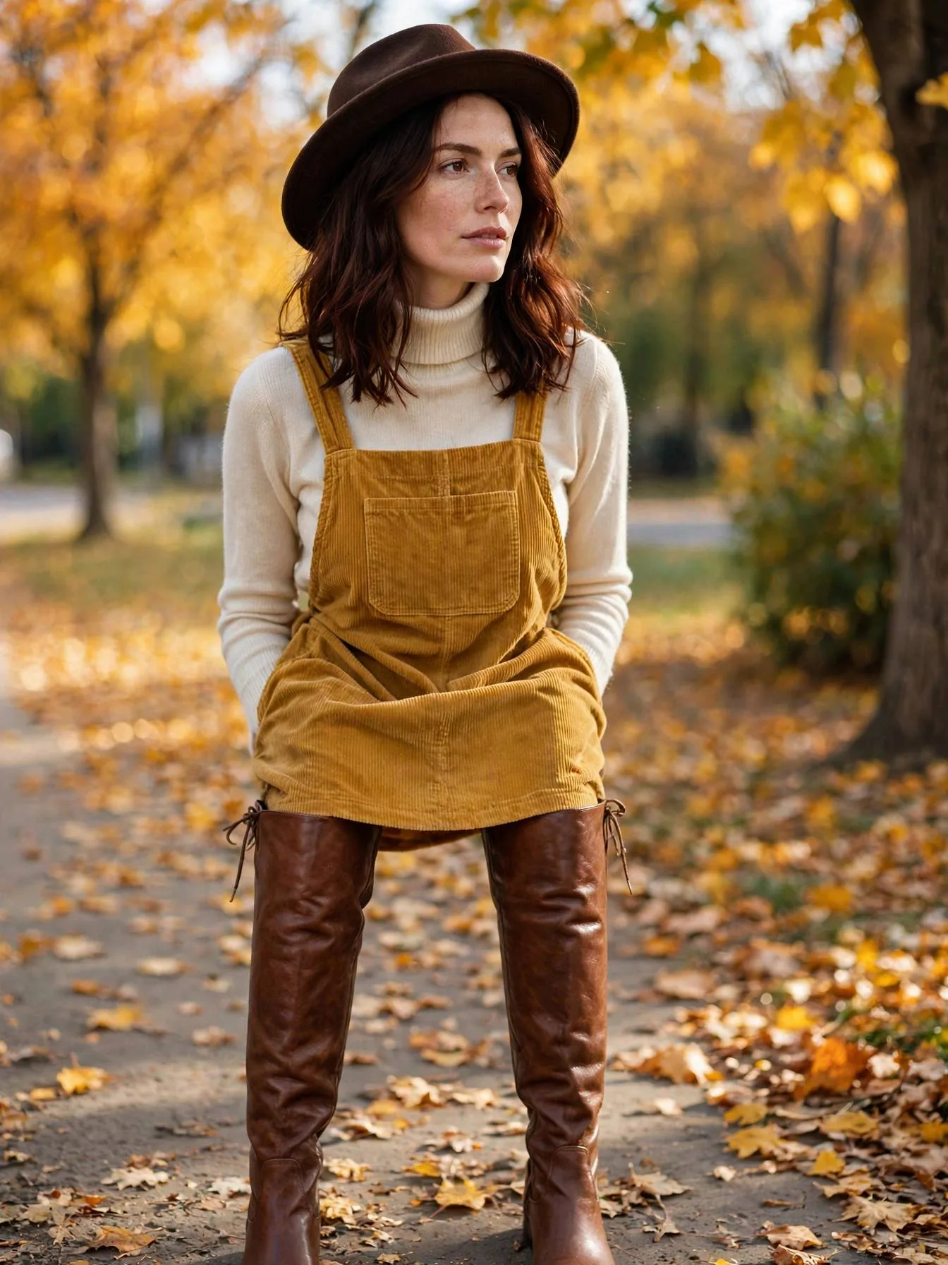Woman wearing a mustard corduroy pinafore over a turtleneck sweater.
