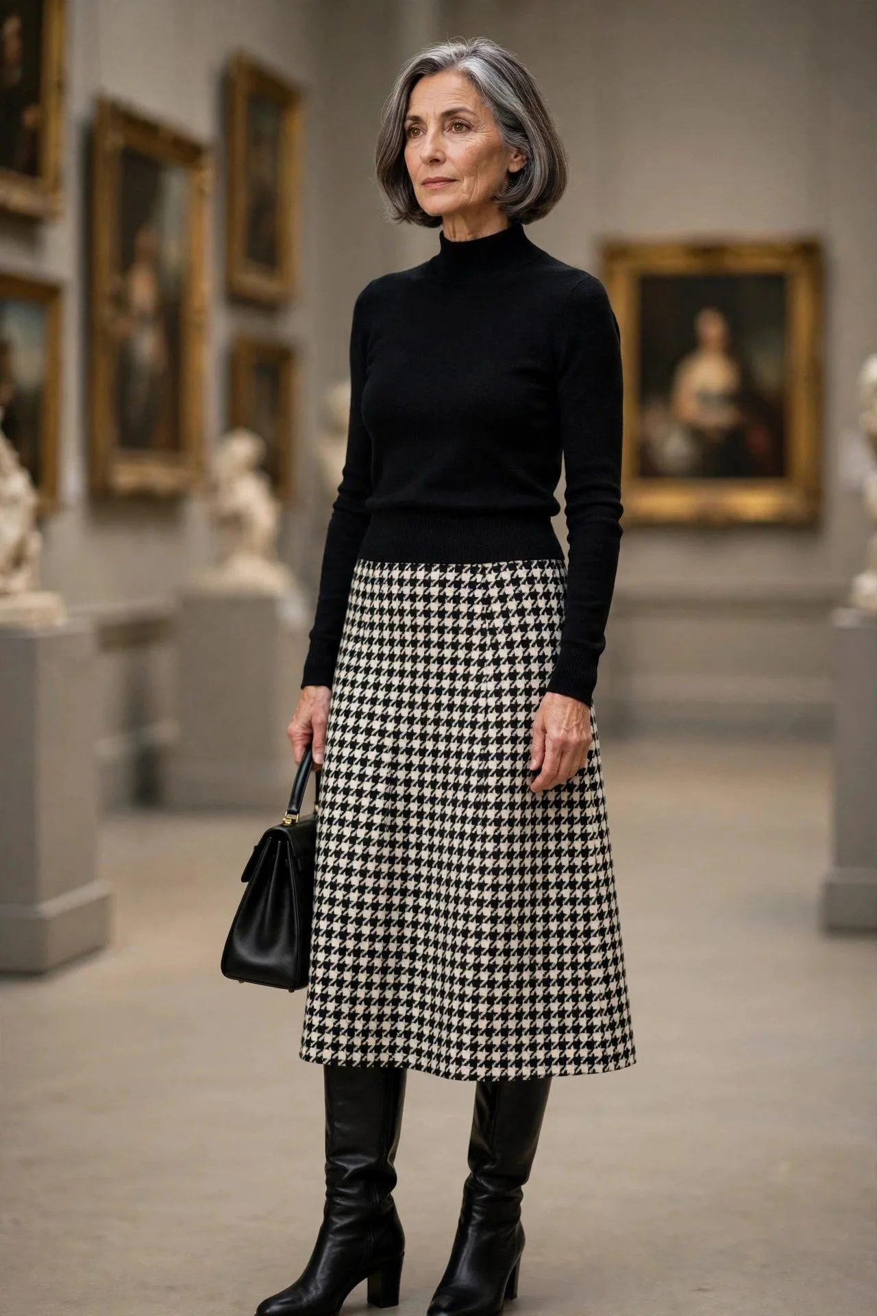 Cultured woman in houndstooth midi skirt at museum.