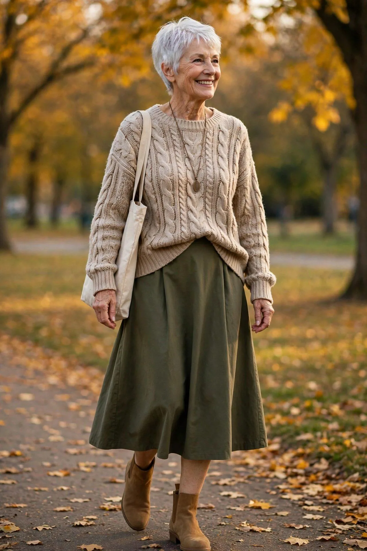 Smiling mature woman in olive skirt with beige cable knit.