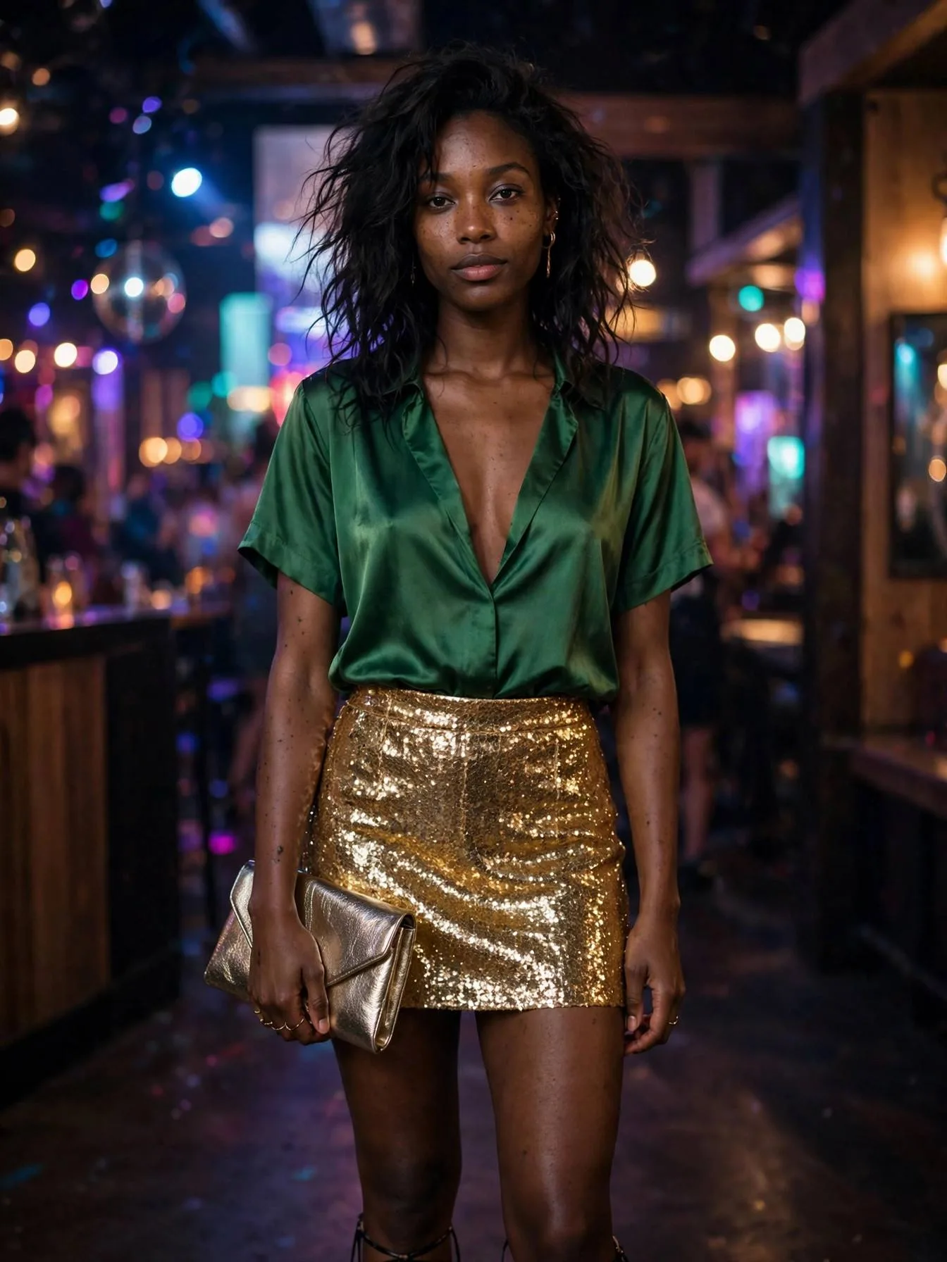 Green satin shirt paired with a gold sequin mini skirt for parties.