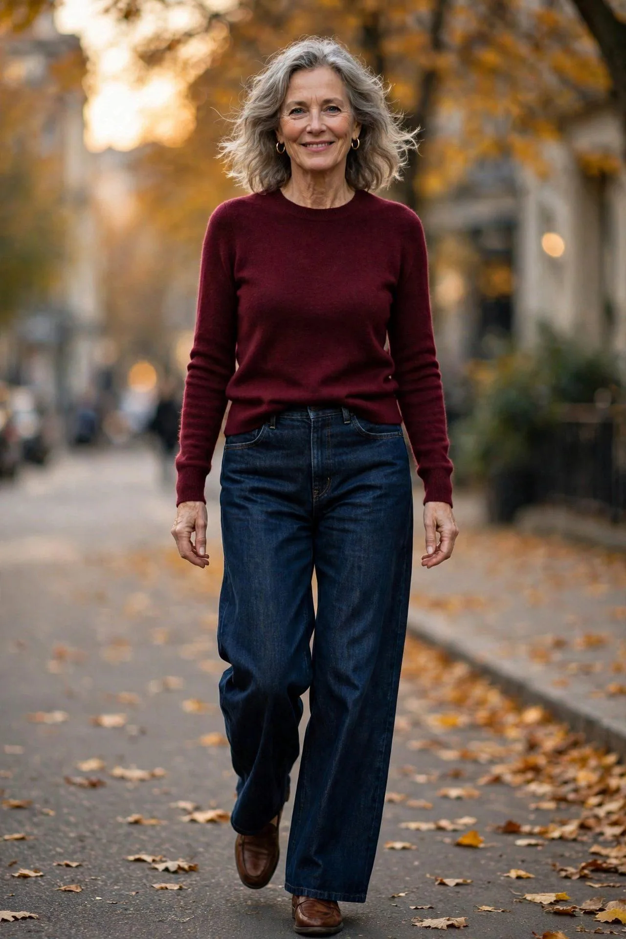 Woman over 50 in dark wide-leg denim paired with wine-colored knit