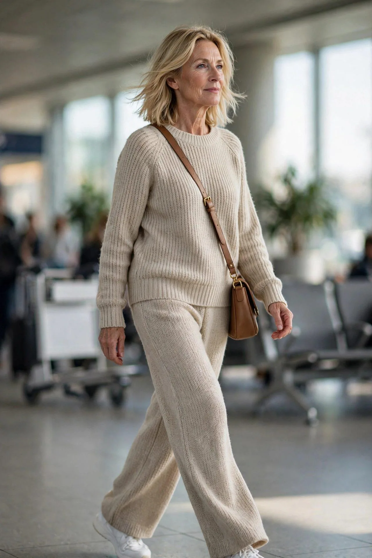 Woman over 50 in coordinated oatmeal loungewear set with sporty white sneakers