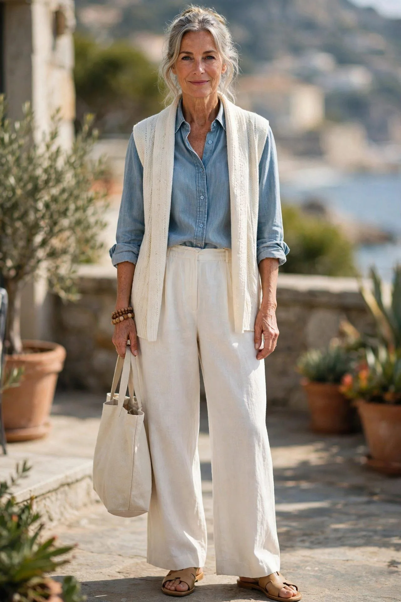 Graceful woman in her late 50s layering a cream knit vest over a light chambray shirt with ivory wide-leg linen pants, slide sandals, a canvas tote and bead bracelet.