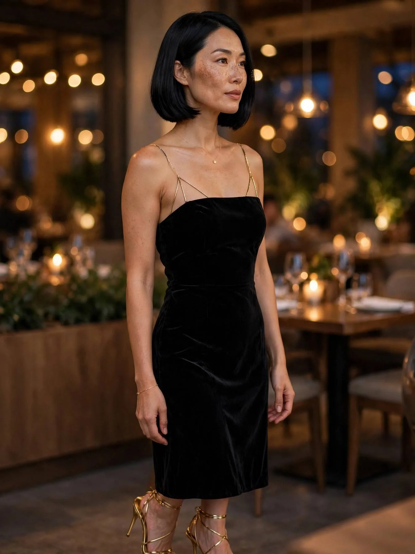 Woman wearing a black velvet midi dress with gold heels at dinner.