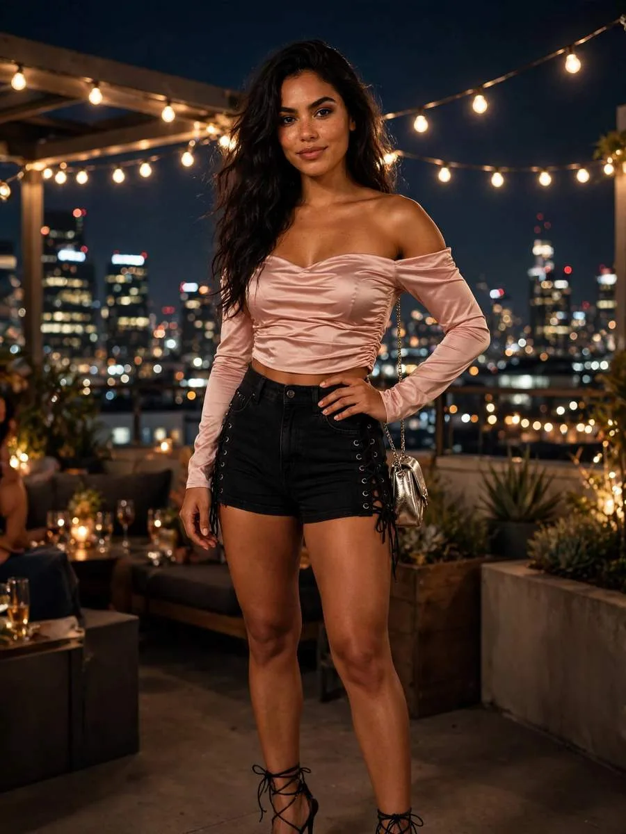 Woman in a satin ruched crop top with lace-up black denim shorts.