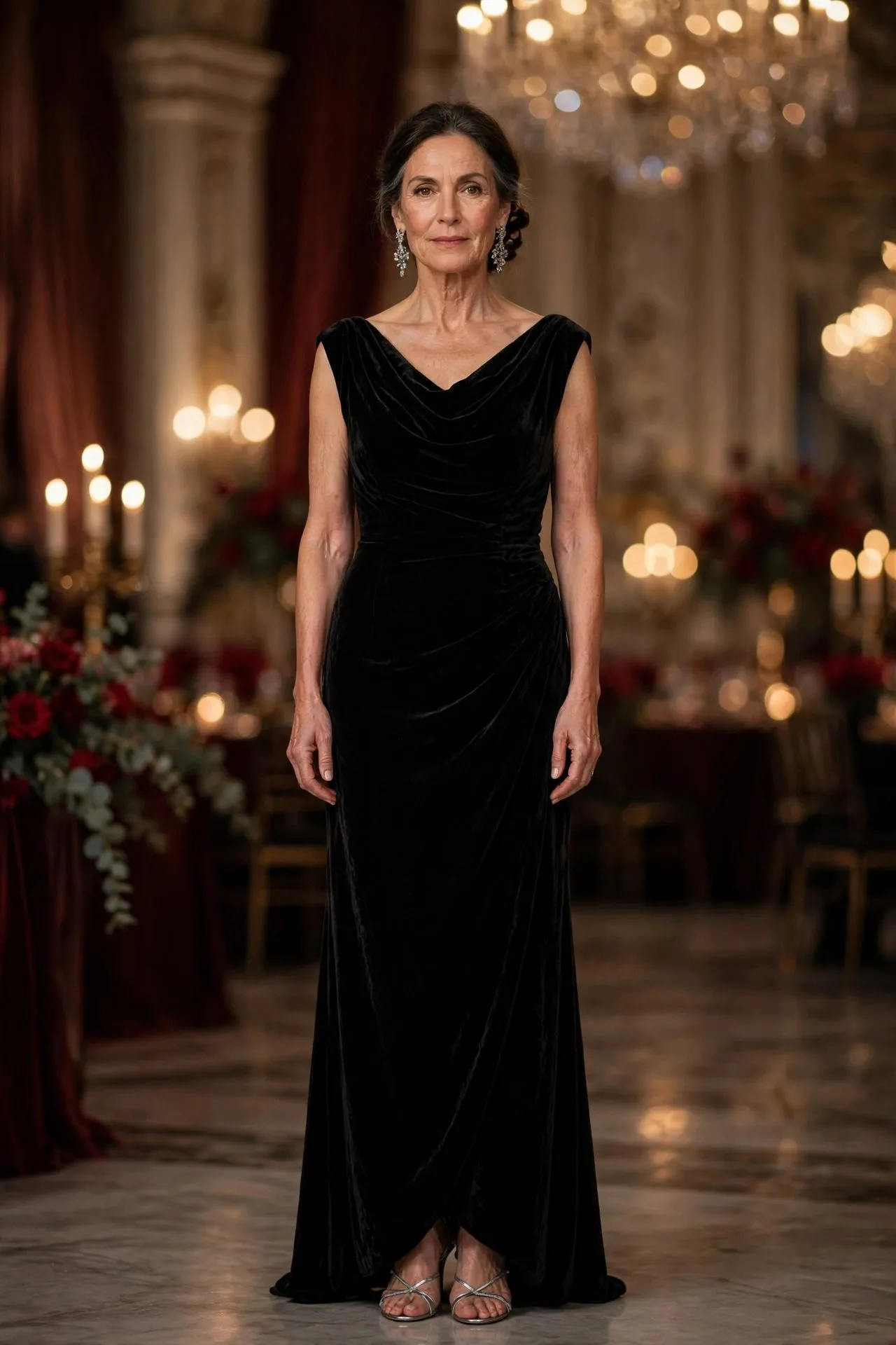 Regal woman in floor-length black velvet gown with pearls