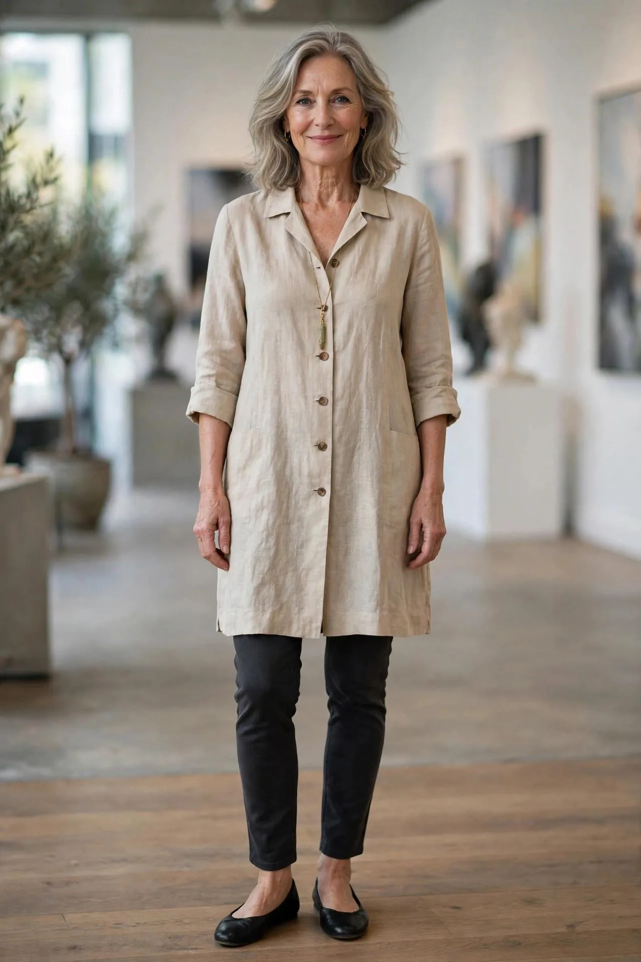 Fashionable senior wearing relaxed flax tunic top with dark slim-fit trousers