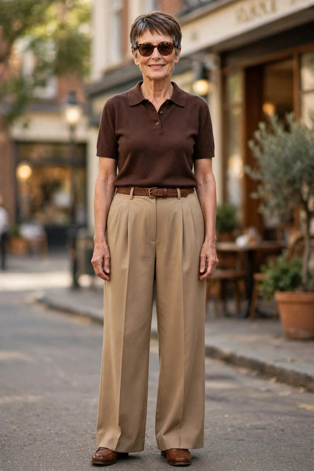Woman in her early 60s wearing a chocolate brown short-sleeve knit polo tucked into tan pleated trousers with a woven belt, loafers and tortoiseshell sunglasses.