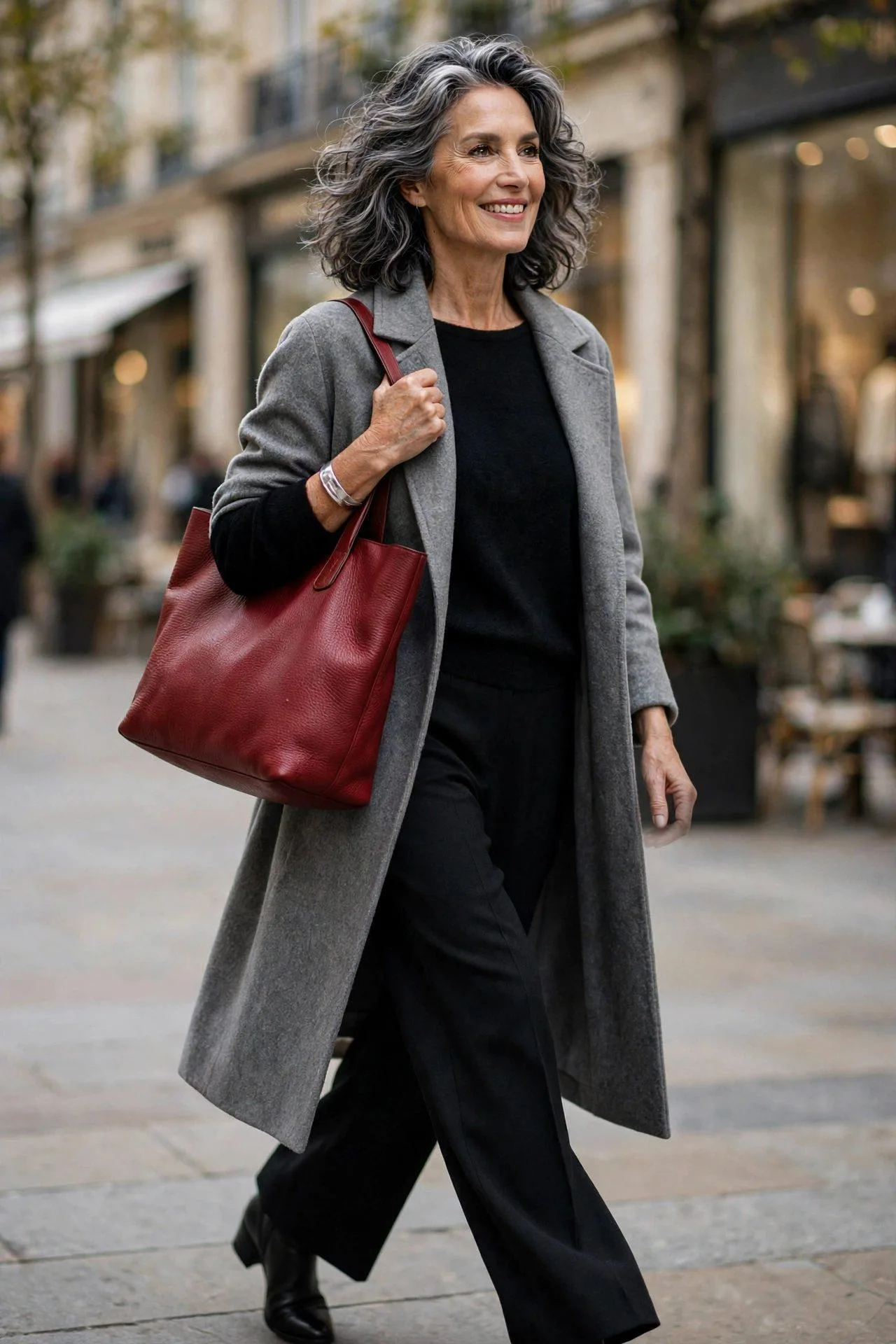 Glowing fifty-something woman shouldering a deep red textured leather tote along a chic boulevard.