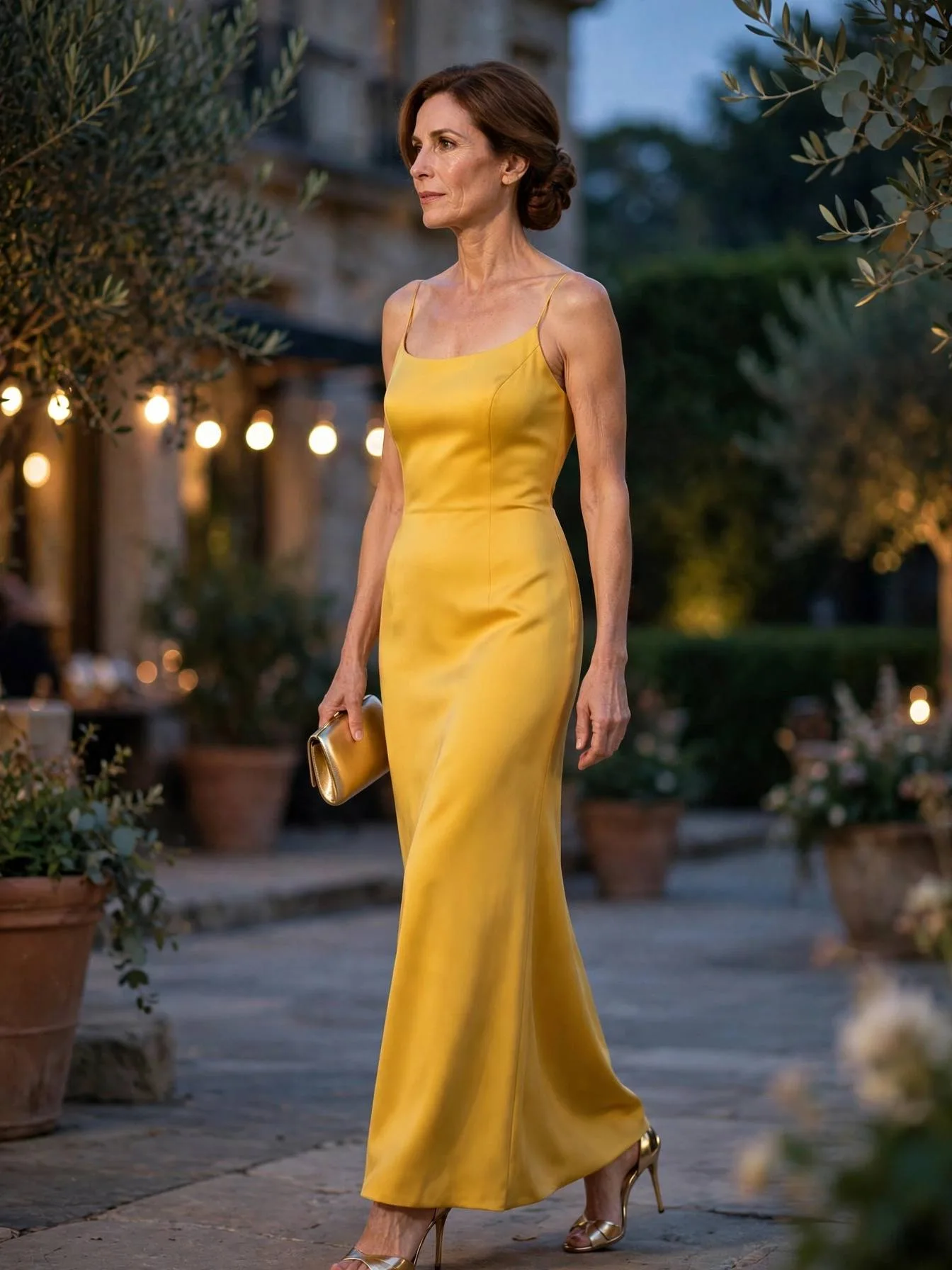 Woman in a saffron yellow evening gown at a formal event.