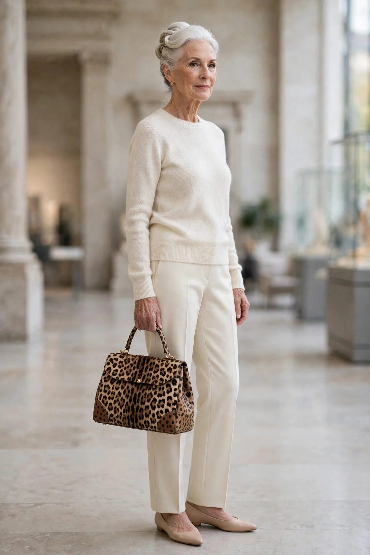 Minimalist mature look with leopard purse accenting head-to-toe cream outfit