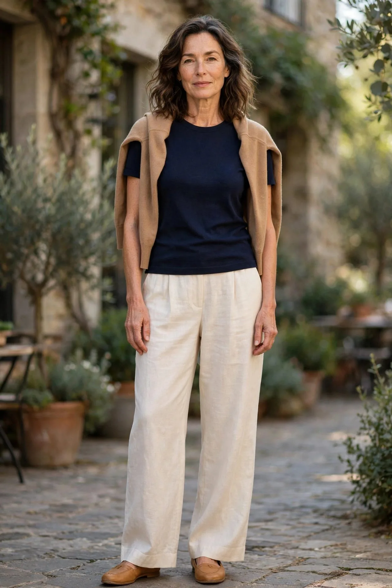 Woman over 50 in navy tee, white linen trousers, draped sweater