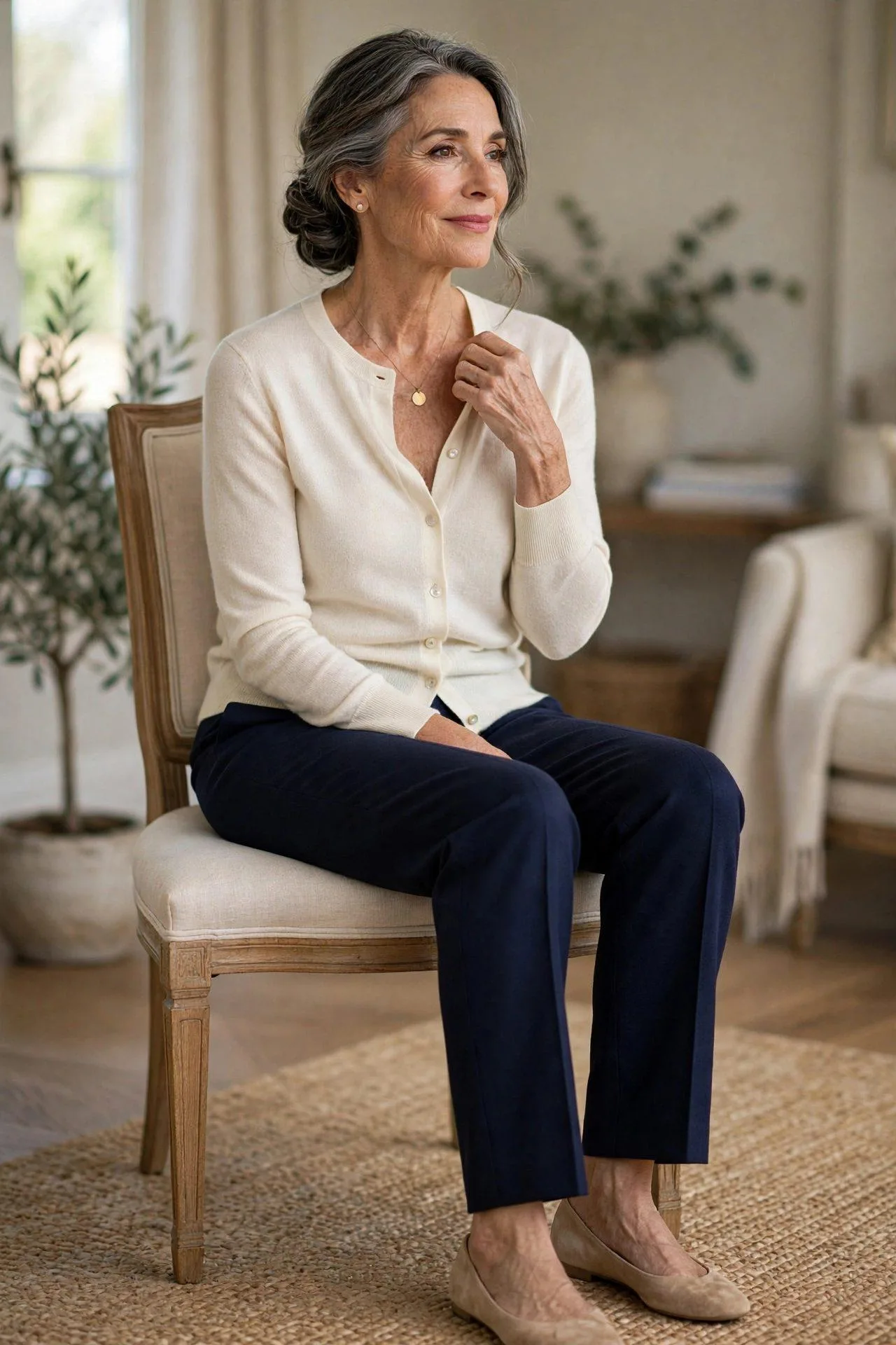Tranquil mature woman resting in an ivory cashmere button-up cardigan with midnight trousers and blush flats.