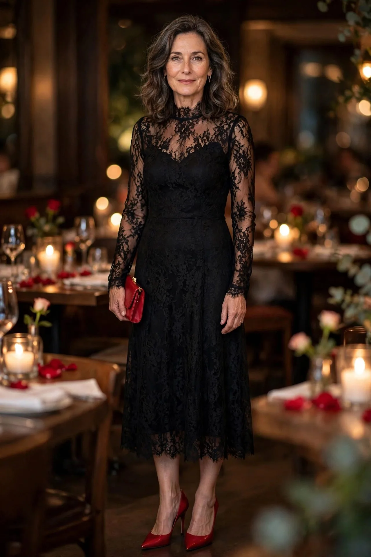Mature woman wearing black lace midi dress with sheer sleeves