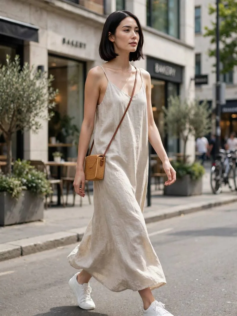 Natural linen cami maxi dress with white sneakers outdoors.