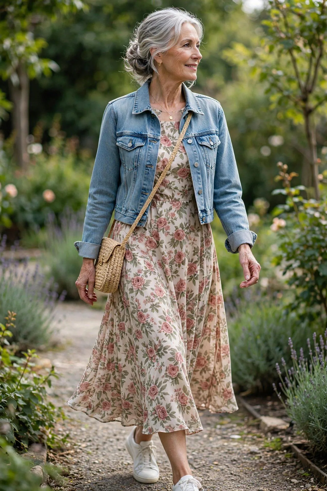 Mature woman in her early 60s strolling in a rose-print floral midi dress with flutter sleeves, a cropped denim jacket, white leather sneakers and a woven crossbody.
