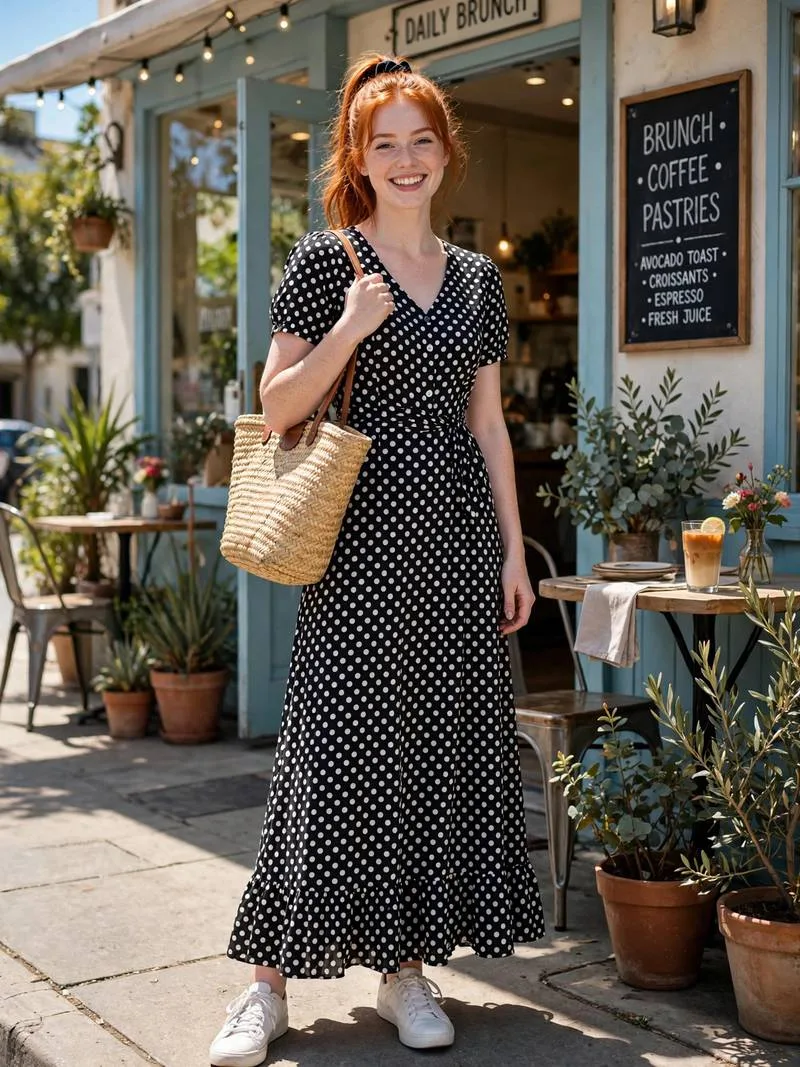 Vintage polka dot maxi dress with white sneakers and tote.