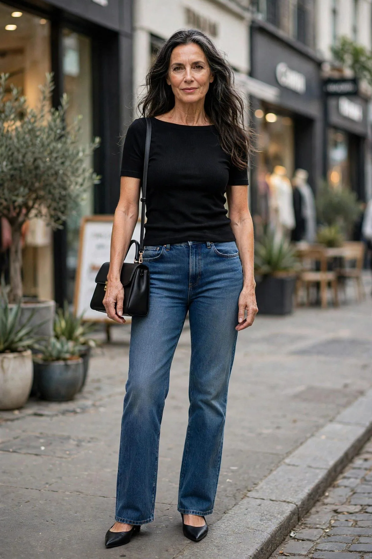 Modern woman over 50 in curved barrel-leg denim with a sleek black fitted top.